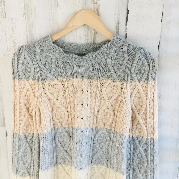 La Vie Rebecca Taylor Cable Knit Sweater Wool Cotton Blend Striped - Picture 2 of 12